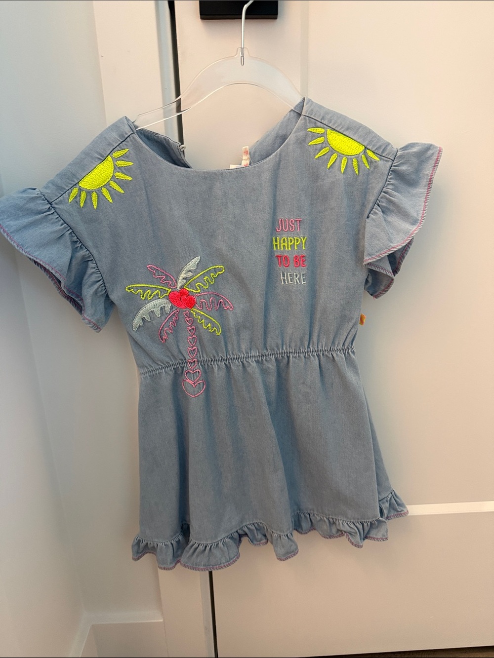 Billieblush Light Blue Chambray Dress with Neon Palm & Sun Embroidery